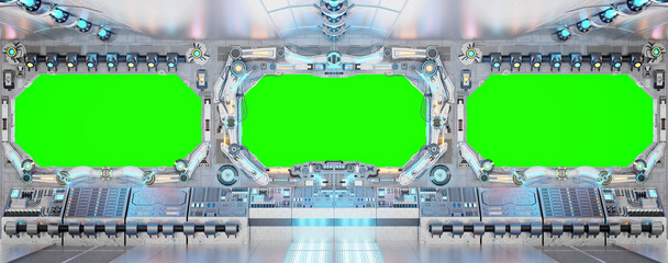 Wall Mural - white spaceship interior with isolated window. futuristic spacecraft with glowing blue and red contr