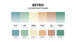 Retro color schemes. Color Trends combinations and palette guide. Example of table color shades in RGB and HEX. Color swatch for fashion, home, interiors design 2022. Colour chart idea vector.