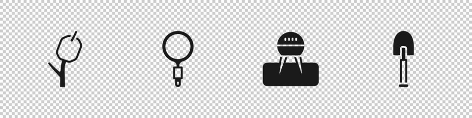 Sticker - Set Marshmallow on stick, Magnifying glass, Barbecue grill and Shovel icon. Vector