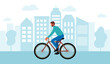 Young man riding bicycle in the city in flat design.