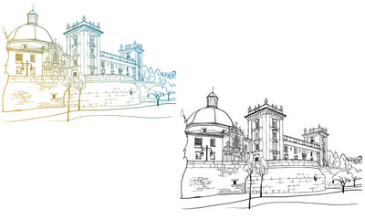 Beautiful view of old Valencia, Catalonia, Spain. Urban landscape. Urban sketch. Hand drawn ink style. Line art. Black and white and colorful Vector background on white.