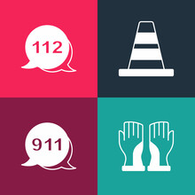Set Pop Art Firefighter Gloves, Emergency Call 911, Traffic Cone And Icon. Vector