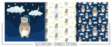 Set Of Illustrations With Sleepy Bear And 2 Seamless Patterns On White And Blue Backgrounds. 
Set Of Cute Baby Patterns With Bears, Clouds, Stars, Moon. Square Pattern.Flat Style.
