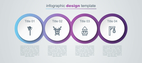 Sticker - Set line Magic staff, Medieval shield with swords, Castle tower and Gallows. Business infographic template. Vector