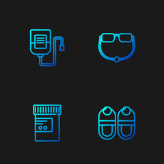 Poster - Set line Slippers, Medicine bottle and pills, IV bag and Eyeglasses. Gradient color icons. Vector