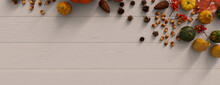 Harvest Wallpaper Including Pumpkins, Pine Cones, Fall Leaves And Fruits.