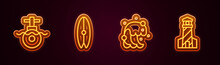 Set Line Submarine, Surfboard, Tsunami And Lighthouse. Glowing Neon Icon. Vector