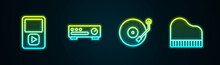 Set Line Music Player, Sound Mixer Controller, Vinyl And Grand Piano. Glowing Neon Icon. Vector