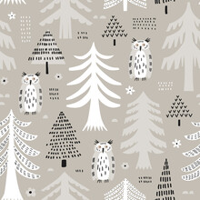 Seamless Pattern  With  Pine Trees And Owls. Scandinavian Style Vector Background.