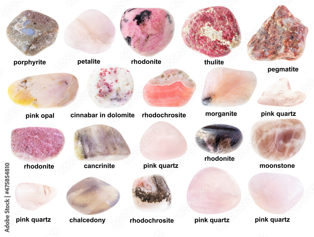 set of various unpolished pink stones with names