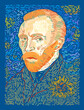 Impressionist painter Vincent Van Gogh against a blue sky with yellow stars and a flower on his jacket. Vector illustration