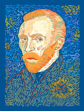 Impressionist Painter Vincent Van Gogh Against A Blue Sky With Yellow Stars And A Flower On His Jacket. Vector Illustration