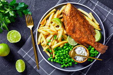 Fried Redfish With Chips, Green Peas, Tartar Sauce