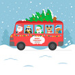 Festive Christmas bus with Santa and cute animal: spenguin, Christmas gingerbread, deer. Vector illustration.