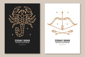 Set of Zodiac astrology horoscope signs scorpio and sagittarius flyer, brochure, banner, poster. Vector illustration. Elegant line art symbol or icon of scorpio, sagittarius esoteric zodiacal