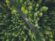 Aerial view asphalt road and green forest. Country road going through forest with car adventure view from above. Ecosystem and ecology healthy environment concept and background.