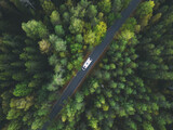 Fototapeta Na ścianę - White camper van with solar panels drive through green forest. Aerial top down view. Travel concept.