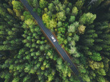 Fototapeta Na ścianę - Aerial view asphalt road and green forest. Country road going through forest with car adventure view from above. Ecosystem and ecology healthy environment concept and background.