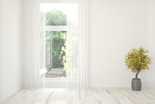 Stylish Empty Room In White Color With Summer Landscape In Window. Scandinavian Interior Design. 3D Illustration