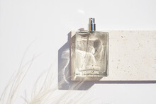 Transparent Bottle Of Perfume On Stone Plate On A White Background. Fragrance Presentation With Daylight. Trending Concept In Natural Materials With Dry Plant. Women's And Men's Essence.