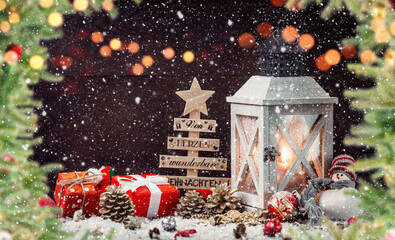 Wall Mural - christmas lantern on snowy table with festive decoration.