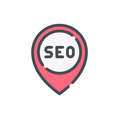 Sticker - Location pin with SEO color line icon. Local search engine optimization vector outline colorful sign.