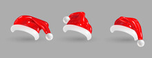 Set Of 3D Cartoon Santa Claus Hats Isolated On Gray Background