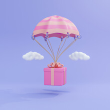 3d Illustration Flying Gift Box With Parachute And Clouds