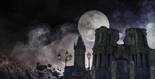Matte Painting Of Old Damged Building In Night For Movie Post Production And VFX Projects
