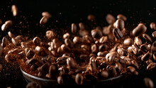 Freeze Motion Of Flying Roasted Coffee Beans On Black.