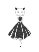 Drawn Cat. Cat In Dress. Illustration In Sketch Style. Vector Image