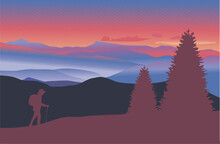 Tourism. Hiking A Man With A Stick In The Mountains At Sunrise. Vector Illustration EPS8
