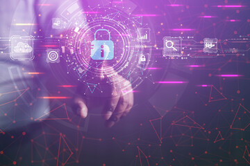 innovative concept of cybersecurity technology Business man showing future social media to protect data privacy virus protection internet virus protection
