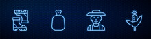 Set Line Farmer In The Hat, Waterproof Rubber Boot, Full Sack And Corn. Glowing Neon Icon On Brick Wall. Vector