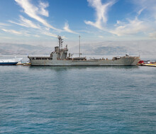 Hellenic Navy Military Ship Moored In Port. Corfu, Greece.