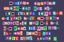 Colorful Various Words Made In Newspaper Style On Dark Purple Background