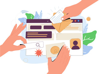 landing page, programming, research concept. hands of workers working on website or application, ui 