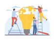 Joint idea development. Employees collect big light bulb from puzzle pieces, teamwork process, people succeed collaboration, new project and business startup, vector isolated concept