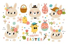 Cute Rabbits Heads. Funny Bunny Muzzles With Flowers Tiaras And Headbands, Baby Animals And Little Birds, Easter Spring Holiday. Chickens And Colored Eggs. Vector Cartoon Isolated Set