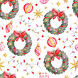 Watercolor seamless pattern with garland, Christmas toys, candy, wreath and stars. Christmas background with hand-drawn elements. Pattern for wrapping paper, print, fabric or scrapbooking.