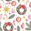 Watercolor seamless pattern with garland, Christmas toys, candy, fir branchs and stars. Christmas background with hand-drawn elements. Pattern for wrapping paper, print, fabric or scrapbooking.