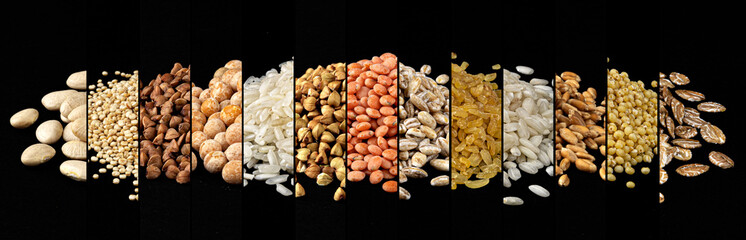 Wall Mural - Healthy food collage. Different cereals, grains, groats, legumes and beans