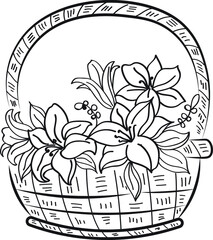 Wall Mural - Basket of flowers,  vector illustration isolated on bright background. Concept for logo, print, cards