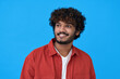 © insta_photos - Happy smiling dreamy young indian man student looking aside thinking of new good future opportunities, dreaming, feeling positive standing isolated on blue background. Portrait