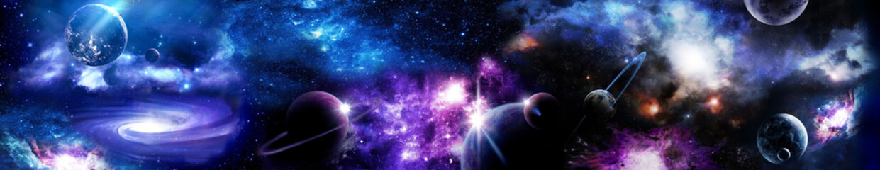 Wall Mural - space scene with planets, stars and galaxies. panorama. horizontal view.