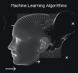 Poster - 3D low poly wireframe model of a human head with pixel artifacts. Conceptual image of AI (artificial intelligence), VR (virtual reality), Deep Learning and Face recognition systems.