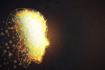 Poster - Creative light polygonal head outline on dark background with mock up place. Artificial intelligence and machine learning. 3D Rendering.