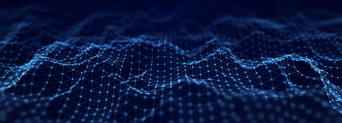 Fototapete - Corrupted network or connection. Abstract digital background of points and lines. Glowing plexus. Big data. Abstract technology science background. 3d rendering