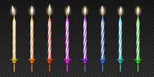 Lighted Birthday Cake Colorful Candles 3d Realistic Set. Birthday Celebration Party Candles