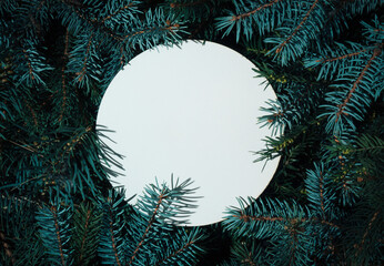 Wall Mural - Winter nature flat lay made with fir branches and snowy leaves. Creative Christmas background with round frame.